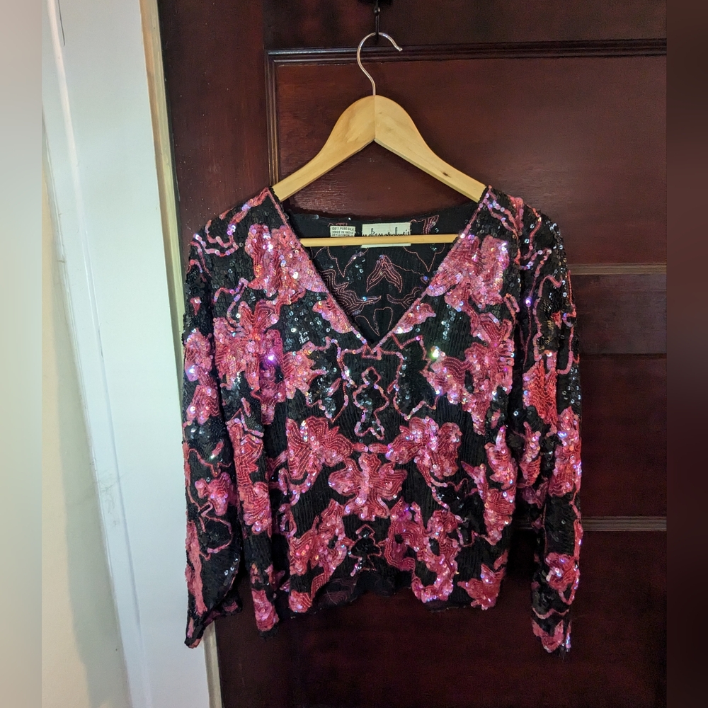 100% silk and sequin vintage long sleeve top